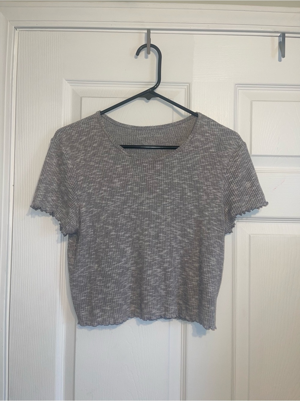 American Eagle Outfitters Gray Ribbed Short Sleeve Crop Top